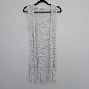 Boho Woven Crochet Open Knit Fringe Open Front Vest Duster Sz XS-M White
